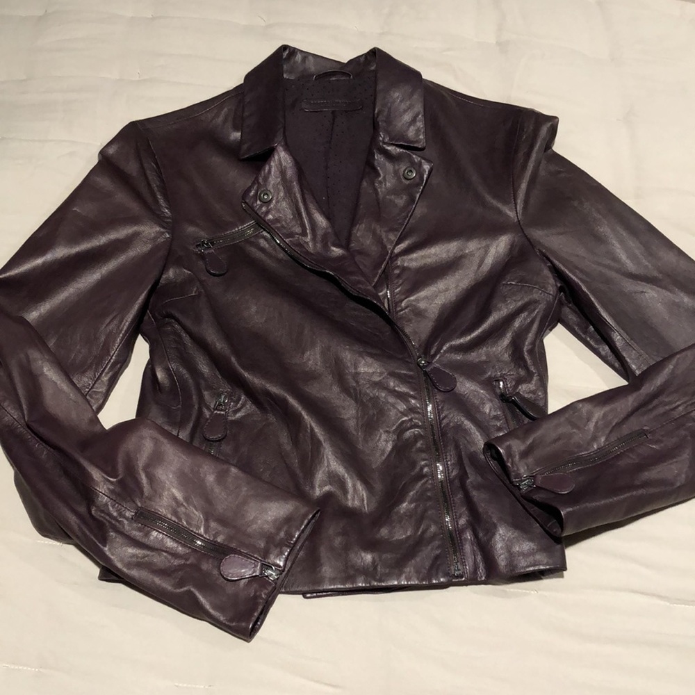 Bottega Veneta aubergine leather moto jacket, 40